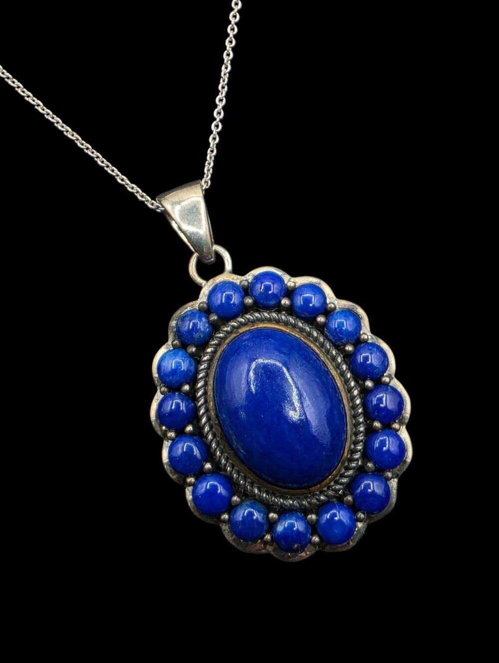 17.71 GTW Genuine Lapis Solid 925 Sterling Silver Statement Pendant Necklace